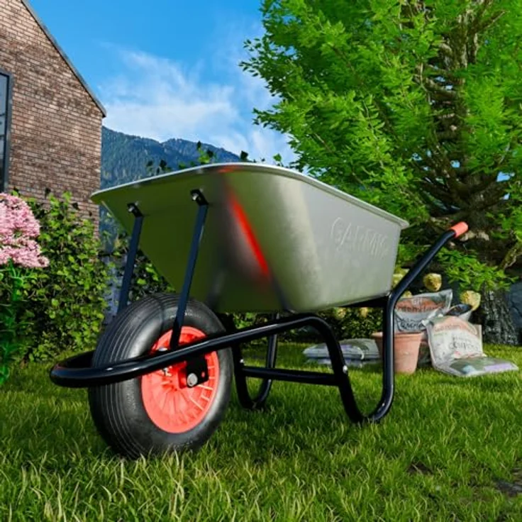 GARMIO Schubkarre, verzinkte Bauschubkarre 85 Liter, 5 Kubik Fassungsvermögen, Gummireifen 16 Zoll, Gartenkarre bis 160 kg, Silber – Bild 7