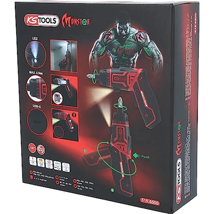KS Tools eMONSTER 1/4“ Akku-Bit-Schrauber-Satz, 27-tlg., 3,6V mit ergonomischem Griff, USB-C aufladbar, Drehmomentvorwahl, LED-Arbeitslicht, in Kunststoffbox – Bild 8
