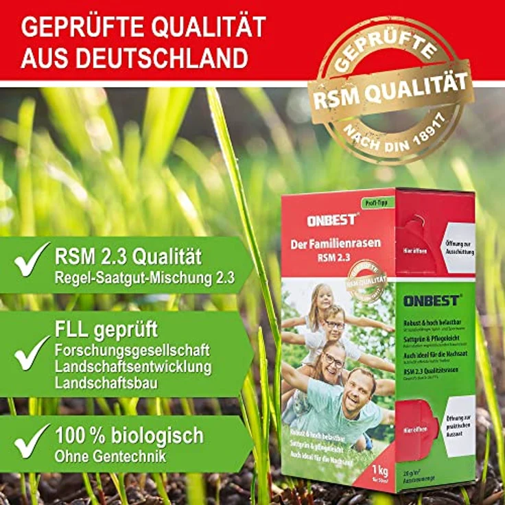 ONBEST RSM 2.3 Qualitäts Rasensamen, 1kg Sport- und Spielrasen, strapazierfähig, sattgrün & pflegeleicht, ideal für Neuansaat und Nachsaat, mit Blumensamen – Bild 4