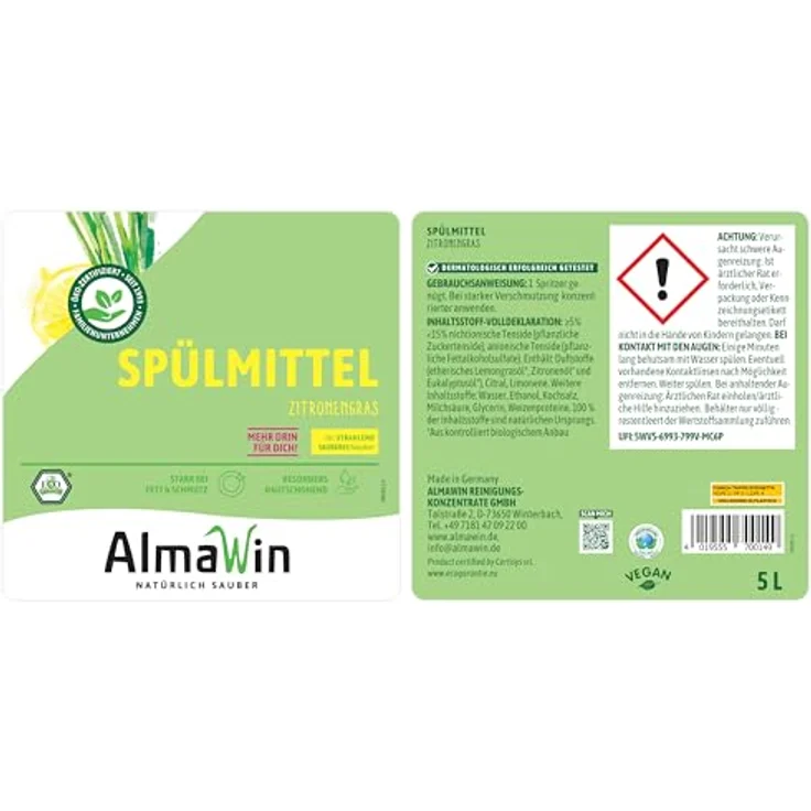 Almawin Spülmittel Zitronengras Kanister 5L, hochkonzentriertes Geschirrspülmittel mit frischem Zitrusduft, vegane Formel, klimaneutral, dermatologisch getestet – Bild 6