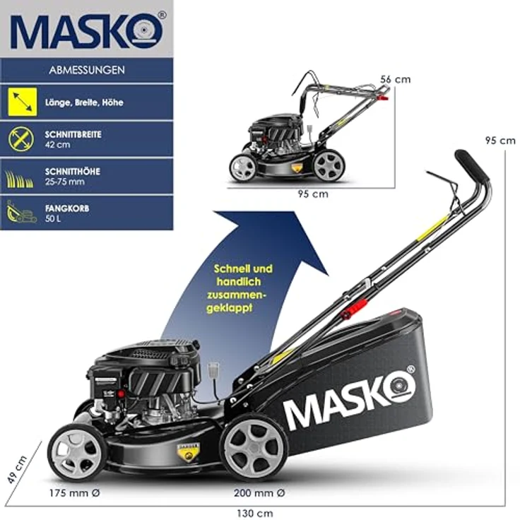 MASKO® Benzin Rasenmäher 5in1 mit Radantrieb, EasyClean Funktion, Mulch- und Seitenauswurf, 55 cm Schnittbreite, 8-fache Schnitthöhenverstellung, 4-Takt Motor, inkl. Fangkorb – Bild 6