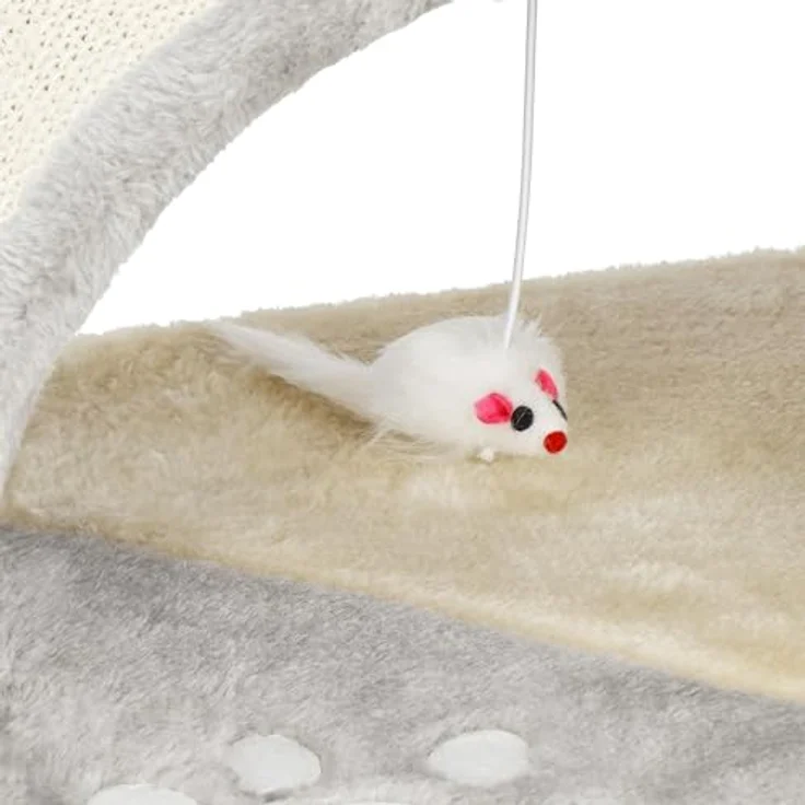 SPRINGOS Kratzbaum Plattform mit Spielball, Spielmaus und Brücke, grau-creme, 47 cm – Bild 3