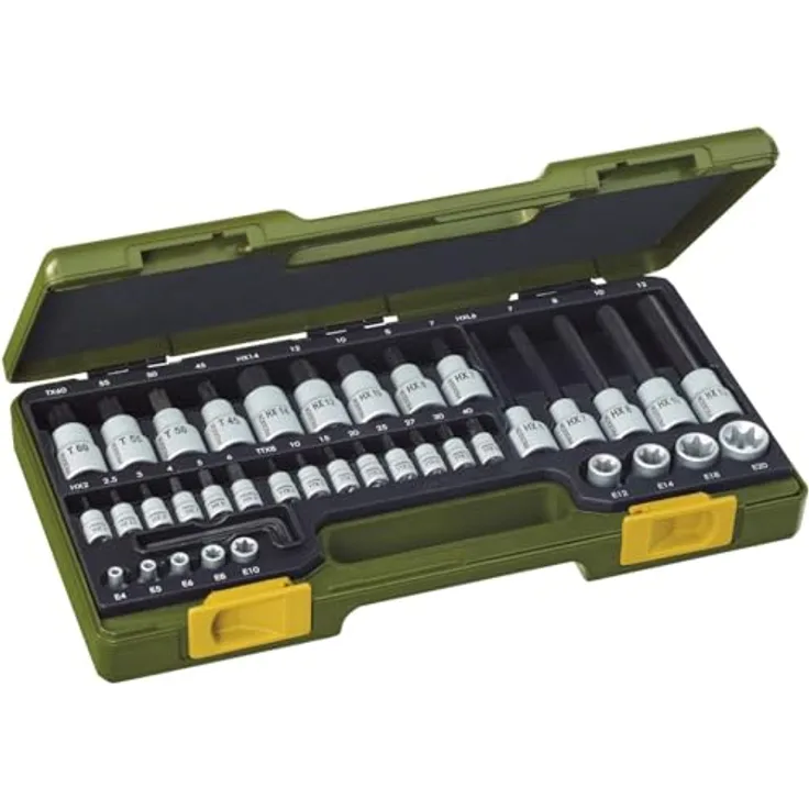 PROXXON INDUSTRIAL Bohrer- und Bitset 23290, 42-teiliges Set für TX- und Innensechskantschrauben mit 1/4" und 1/2" Vierkantantrieb, in robustem Kunststoffkoffer