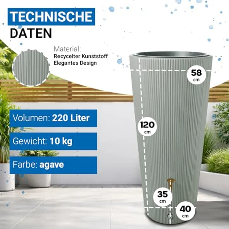 4rain Regentonne 4rain Regenspeicher Vaso 2 in 1 Decor 220 L agave, Stylisch gestalteter Regenspeicher mit Pflanzschale und 220 Liter Speichervolumen, in grüngrauer Farbe – Bild 3