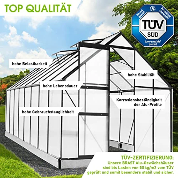 BRAST Gewächshaus Aluminium mit Fundament, TÜV geprüft, 6mm Hohlkammerplatten, rostfrei und wetterfest, 490x250x205cm, Grau – Bild 3