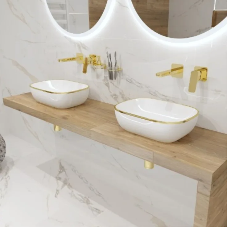 OTTO Waschbecken Aufsatzwaschbecken COSTA GOLD LINE, rechteckig (460×325×135 mm), Keramik, ohne Überlauf ohne Hahnlochbohrung, glänzend weiß/gold