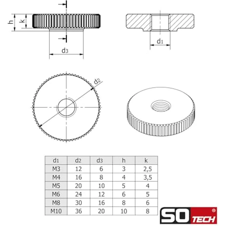 SO-TECH Rändelmutter Edelstahl V2A (SS304), 4er Set M6 flache Form DIN 467, erhöhte Griffigkeit – Bild 7