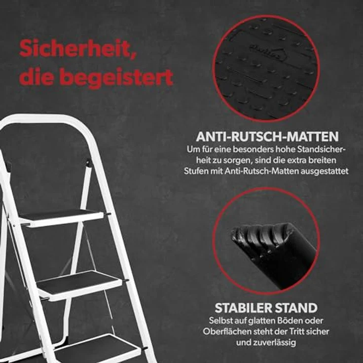 siwitec Klapptritt aus Stahl mit 3 Stufen, Weiss, kleine Leiter mit Anti-Rutschmatten, 150 kg Traglast, TÜV/GS Zertifiziert,Klappleiter, Tritthocker – Bild 4
