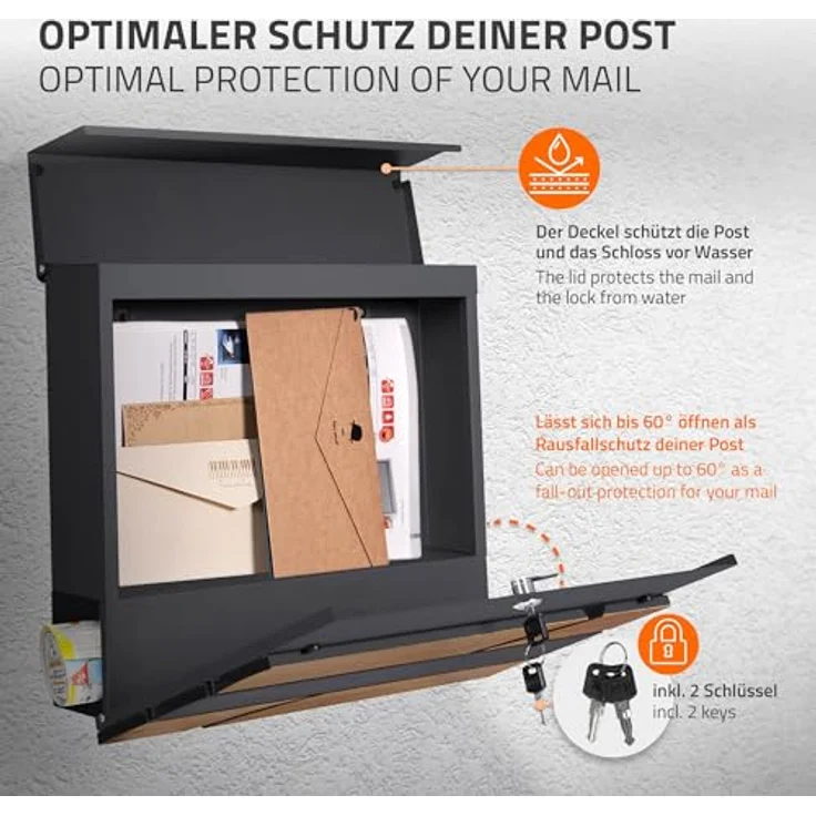 ECD Germany Standbriefkasten mit Zeitungsfach, silberner Edelstahl-Briefkasten mit pulverbeschichteter anthrazit Holzoptik und großzügiger Einwurföffnung – Bild 4