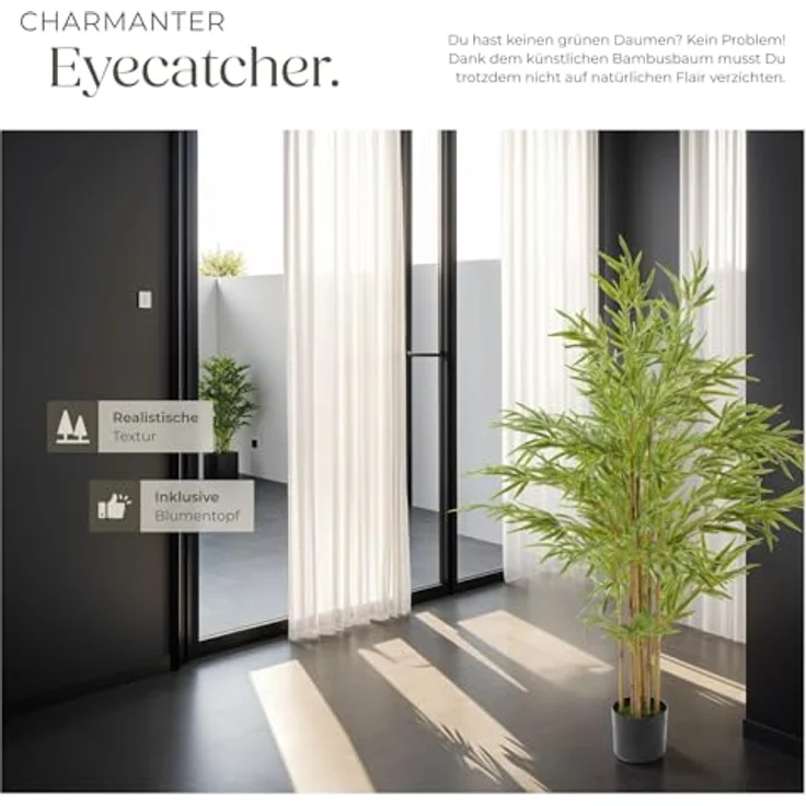 tectake Bambusbaum Bambosa, Künstlicher Baum mit naturgetreuen Blättern, 150 cm, Grün, pflegeleicht, dekorativ – Bild 5