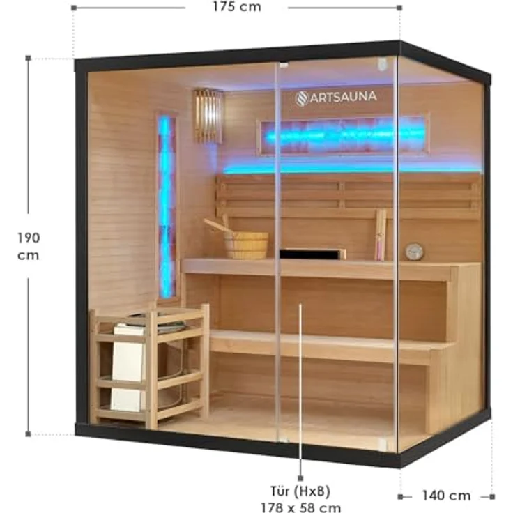 Artsauna Sauna Vantaa 175, BxTxH: 175 x 140 x 190 cm, 5 mm, 2 große Salzsteine, Ambientebeleuchtung, Schwarz/Natur, 8 kW Ofen und Saunasteine, 4 Personen Saunakabine – Bild 8
