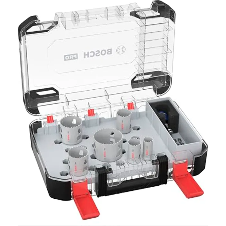 Bosch 9x PRO Multi Material Power Change Plus Lochsäge-Set – Transparentes Etui, für Weichholz, Trockenbauwand, Ø 22, 29, 35, 44, 51, 65 mm