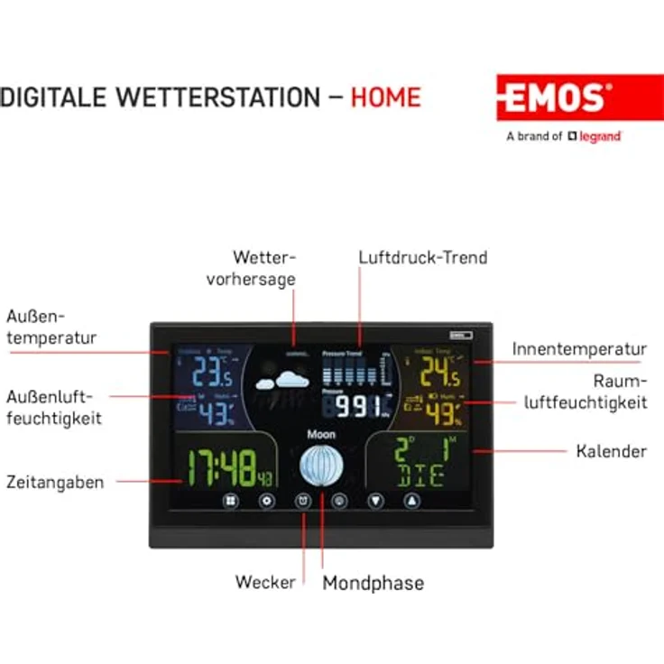 Emos Drahtlose Wetterstation E6018, Wetterstation mit 13 Messfunktionen, Touchscreen und 100 m Sensorreichweite, Schwarz – Bild 3