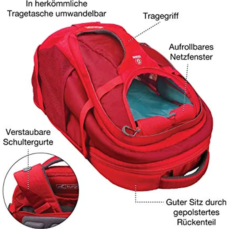 Kurgo G-Train Rucksack, Mit integriertem Hundefach, Wasserfester Boden, Mit Flaschenhaltern, Für Haustiere bis 11 kg, Rot, 33 x 53 x 25 cm – Bild 2