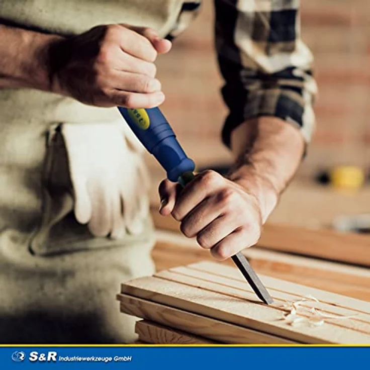 S&R Stechbeitel Set 5 Stück: 6, 12, 20, 25, 32 mm, rutschfeste ergonomische Griffe, hohe Belastbarkeit, Stemmeisen im blau-gelben Koffer – Bild 2