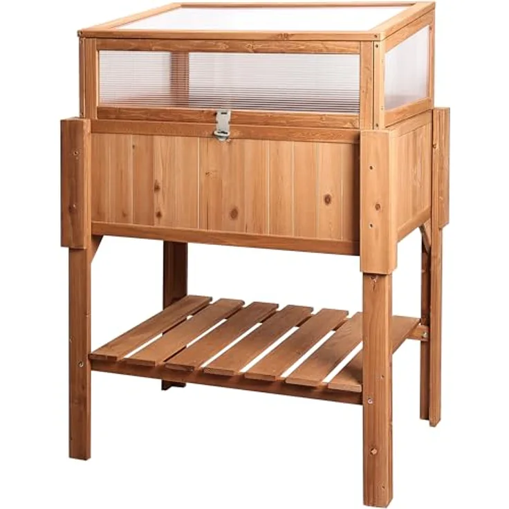 needs&wants® Großes Hochbeet mit Frühbeet-Aufsatz, Holz in braun, 90 x 60 x 118 cm, mit stabilem Tannenholz, feststellbarem Deckel und Stauraum für Gartenbedarf