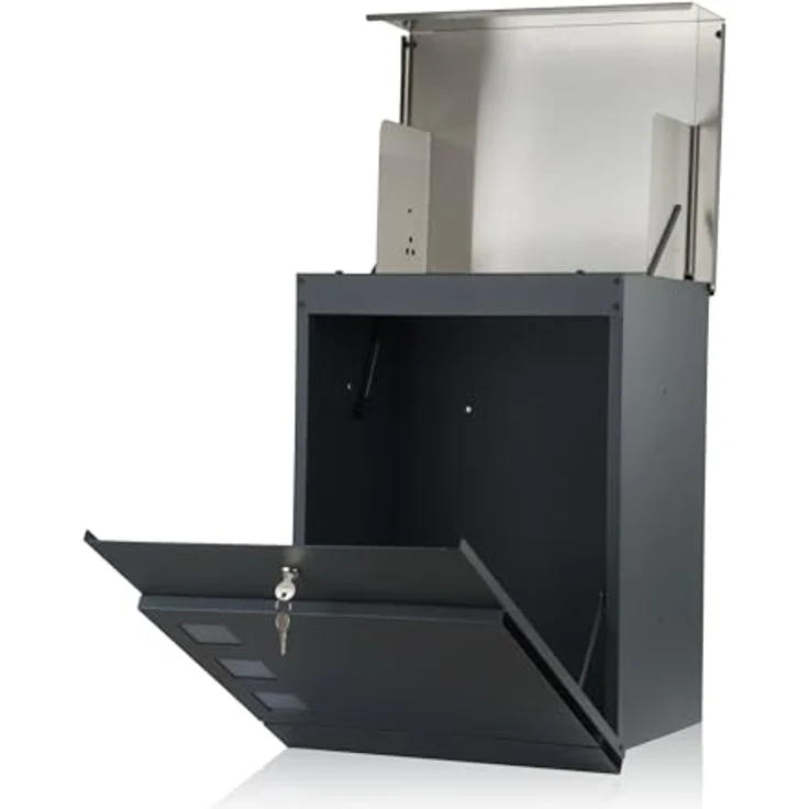 Zelsius Briefkasten Jordan mit Paketfach | pulverbeschichteter Stahl mit Edelstahl Elementen | RAL7016 Anthrazit | integrierte Rückholsperre | Wand- oder Ständermontage | Paketbriefkasten – Bild 4