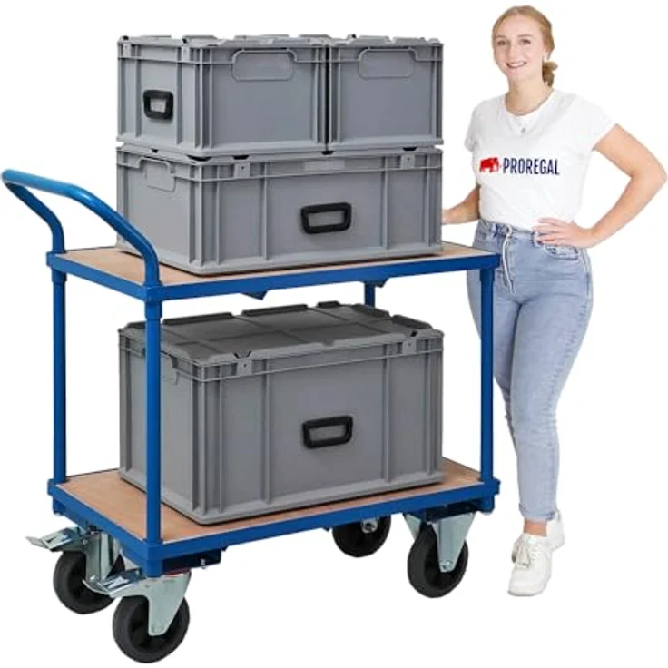 PROREGAL® Tischwagen Pro, 2 Etagen, Traglast 400kg, HxBxT 95x50x97cm, blau – Bild 7