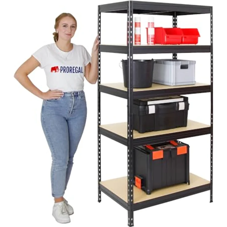 Proregal Schwerlastregal Rivet, 180 x 90 x 60 cm, 5 Böden, Traglast 250 kg pro Boden, Schwarz – Bild 3