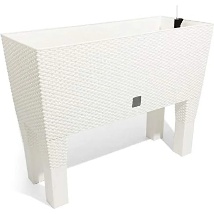 Prosperplast High Pot 72 l, Großer Pflanzenkübel in Weiß, Rattan Optik, wetterbeständig, 65 x 80 x 33 cm