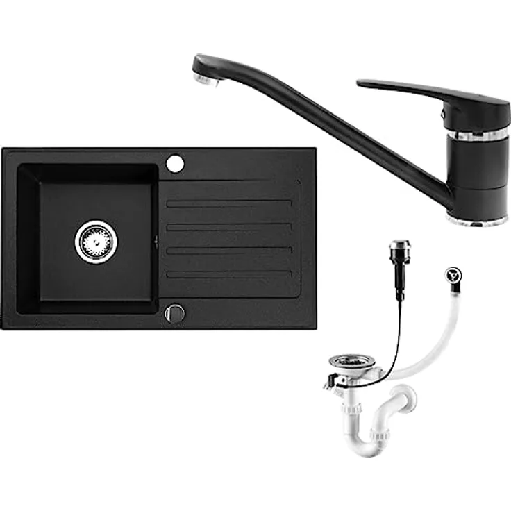 Faizee Möbel Granitspüle 76x44 Küchenspüle Eckig Spülbecken f. Unterschränke ab 45 cm inkl.Siphon Set (Schwarz, Armatur Klein Schwarz)