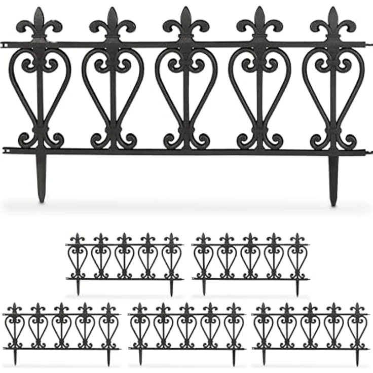 relaxdays Beetbegrenzung Beeteinfassung Kunststoff 6er Set, 6er Set - Schwarzer Niedriger Steckzaun mit Fleur-de-Lis-Verzierungen – Bild 2