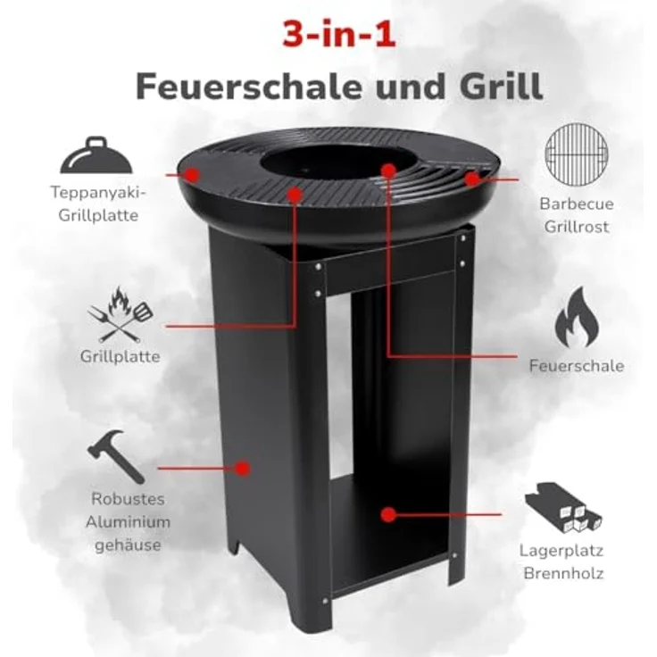 Arti Casa alpina 3-in-1 Feuerstelle und Grillplatte, Gartenkamin 61 x 90 cm mit Teppanyaki-Grillplatte und Brennholzaufbewahrung, Metall – Bild 2