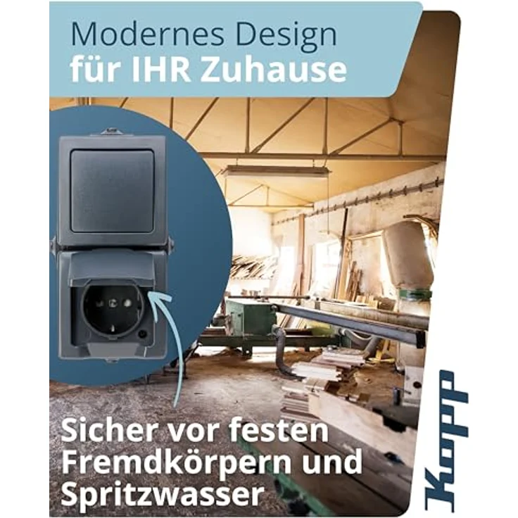 Kopp Abdeckrahmen 138515009, Aufputz-Feuchtraum Kombination, anthrazit, IP44 Schutzart, 16A Steckdose, Wechselschalter – Bild 3