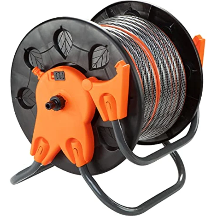 NEO TOOLS Schlauchtrommel für Gartenschlauch bis 60 m (1/2") - Hochwertiger Kunststoff (PP, ABS) und Stahl, Schwarz/Orange, verhindert Schlauchknicken, klappbarer Griff für einfachen Transport – Bild 4