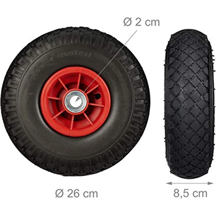 Relaxdays 8 x Sackkarrenrad, pannensichere Vollgummireifen, 3.00-4 Zoll, 20 mm Achse, bis 80 kg, Ersatzrad 260x85mm, schwarz-rot – Bild 4