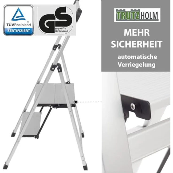 TRUTZHOLM Alu Trittleiter 2-stufig klappbar, bis 150 kg Traglast, Aluminium Silber, Anti-Rutsch Trittflächen, TÜV/GS geprüft, leicht mit Handgriff, platzsparend, 3,2 kg – Bild 5
