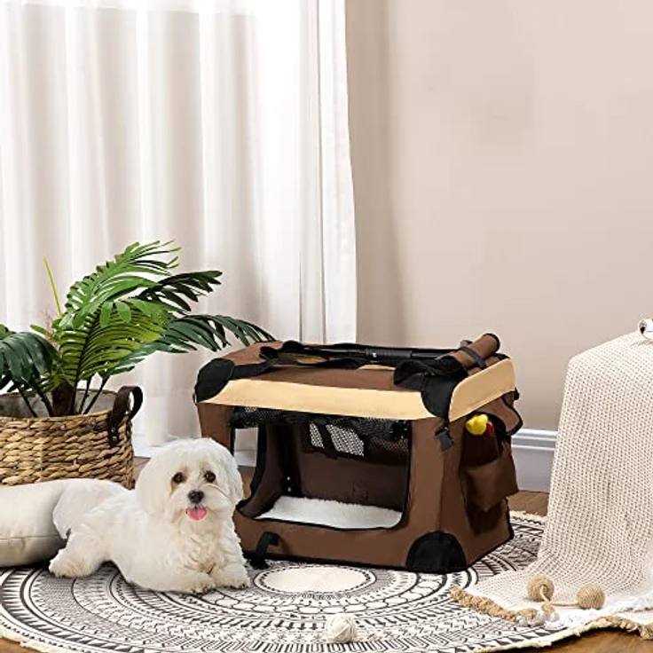 PawHut Tiertransportbox Hundebox, faltbar Hundetasche mit Kissen bis 4 kg, Braun – Bild 2