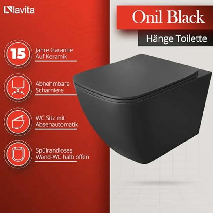 LAVITA Wand-WC Onil Black | Hänge Toilette mit Absenkautomatik & Spülrandlos Hängend | 355x510x395 mm | Schwarz – Bild 2