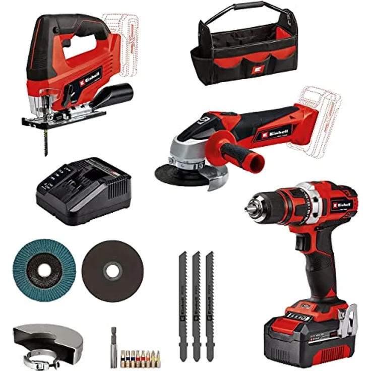Einhell Akku-Bohrschrauber TE-CD 18/40 Li + Akku-Winkelschleifer TC-AG 18/115 Li + Akku-Stichsäge TC-JS 18 Li Power X-Change (18 V, inkl. 1x 4,0 Ah Akku, Ladegerät, Zubehör, Tasche)