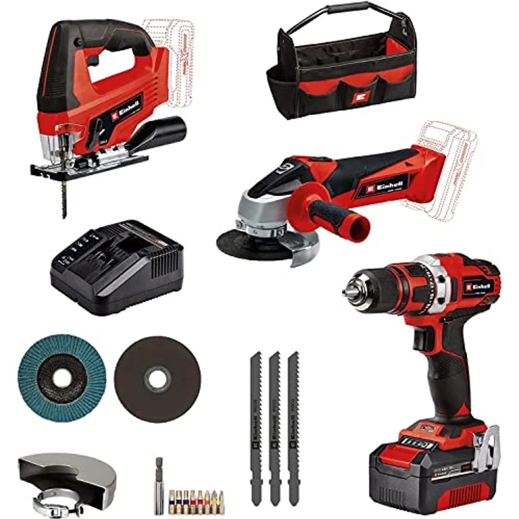 Einhell Akku-Bohrschrauber TE-CD 18/40 Li + Akku-Winkelschleifer TC-AG 18/115 Li + Akku-Stichsäge TC-JS 18 Li Power X-Change (18 V, inkl. 1x 4,0 Ah Akku, Ladegerät, Zubehör, Tasche) – Bild 1