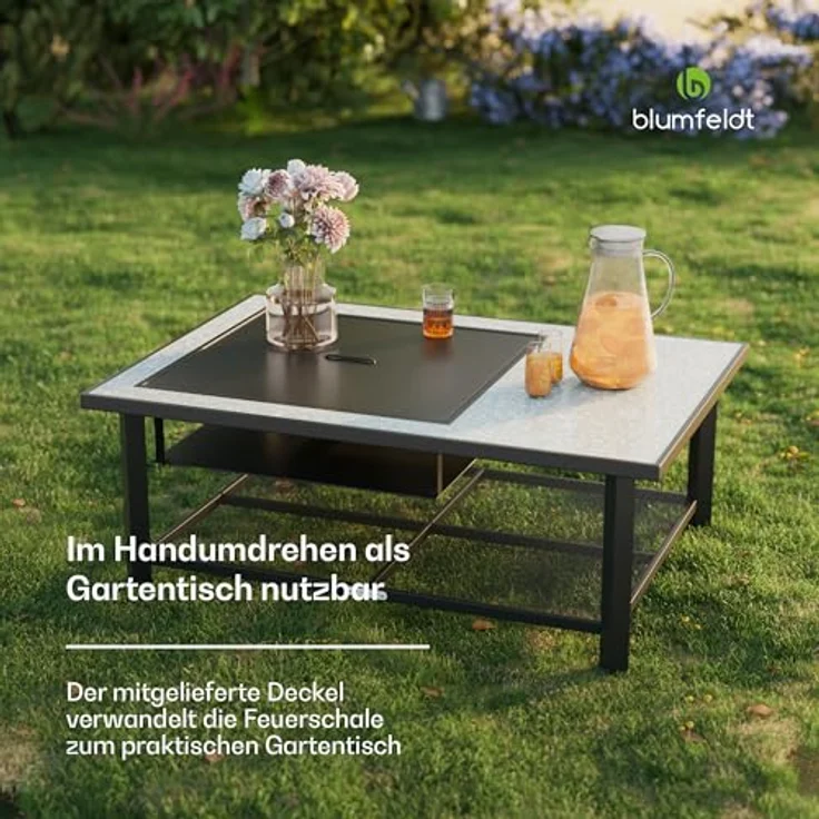 Blumfeldt Merano Avanzato Feuerschale mit Grillrost, 3-in-1 Feuertisch, 122x87 cm, Terrazzo-Tischplatte, Schwarz – Bild 4