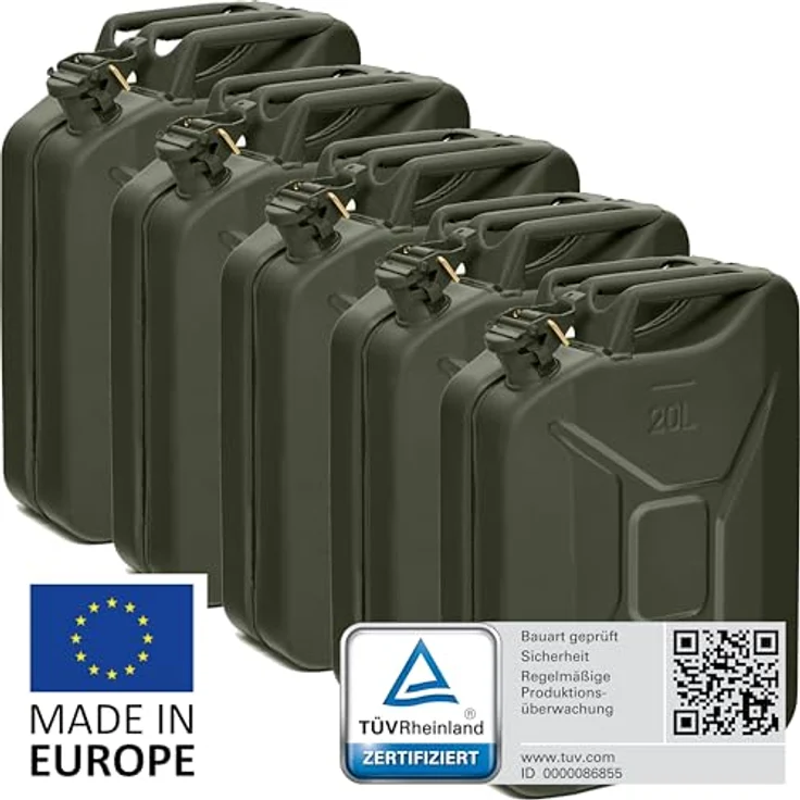 BW® Benzinkanister Metall 5x 20 Liter, Kraftstoffkanister Bronzegrün RAL 6031-F9, TÜV-geprüft, UN-zugelassen, 0,9mm Stahl für Benzin, Diesel, E10, 2-Takt – Bild 2