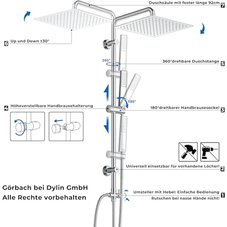 Görbach Regendusche Duschsystem, XL-Duschkopf 25x25cm, verstellbare Duschstange aus Edelstahl, Chrom – Bild 4