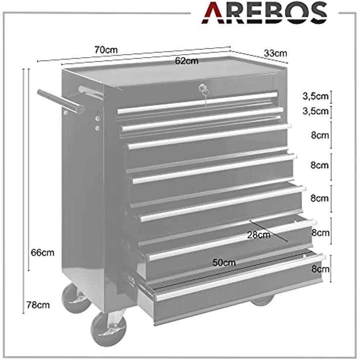 Werkstattwagen Werkzeugwagen Rollwagen Toolbox 7 Schubladen kugelgelagert - Schwarz - Arebos – Bild 5