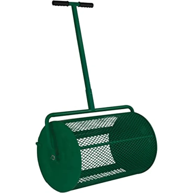 T-Mech 66cm Kompoststreuer Saatgutstreuer Grün Torfmoosstreuer Gartenstreuer Düngerstreuer Roller mit T Griff Garten Rasen Gras Stahl Verlängerbarer Griff 80L Maschenkorb Leichtgewichtig GRATIS Handschuhe