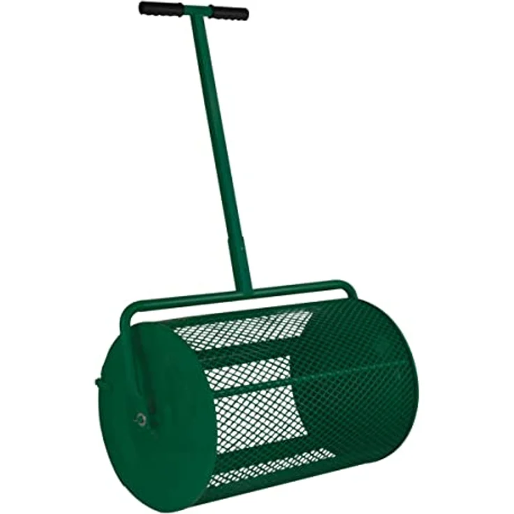 T-Mech 66cm Kompoststreuer Saatgutstreuer Grün Torfmoosstreuer Gartenstreuer Düngerstreuer Roller mit T Griff Garten Rasen Gras Stahl Verlängerbarer Griff 80L Maschenkorb Leichtgewichtig GRATIS Handschuhe – Bild 1