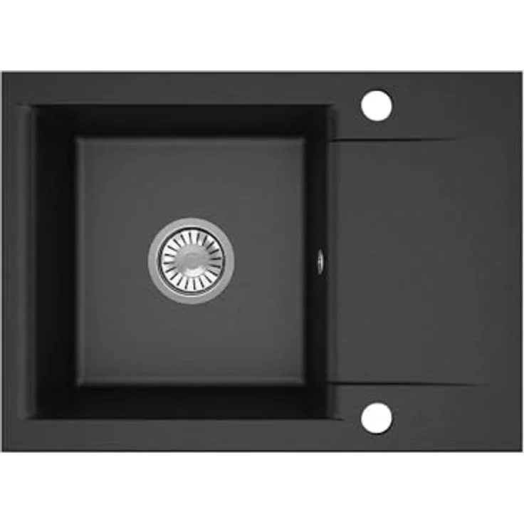 QLS Granit-Küchenspüle LUNA 59x44 cm, 1-Becken mit Abtropffläche, reversibel, automatischer Siphon, für 40 cm Unterschrank, Schwarz metallic, matt, kompakt – Bild 1