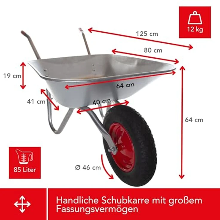 Toolland Schubkarre 85 Liter, Gartenkarre mit pneumatischem Rad, rutschfesten Griffen, graues Design, 12 kg, einfache Montage – Bild 5
