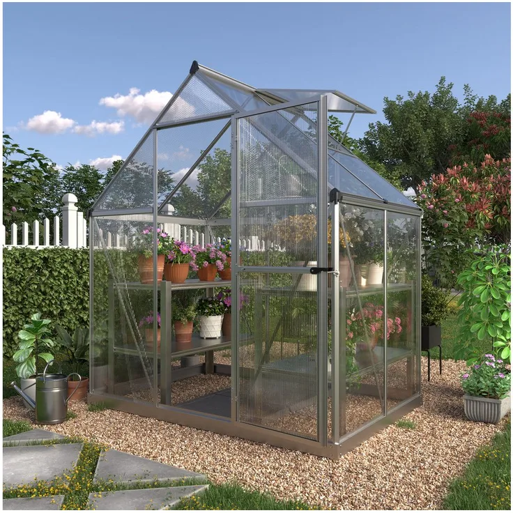 KONIFERA Gewächshaus, 182 x 123 x 208 cm, mit 4 mm Polycarbonat-Wänden, silberfarben, Set mit Fundamentrahmen