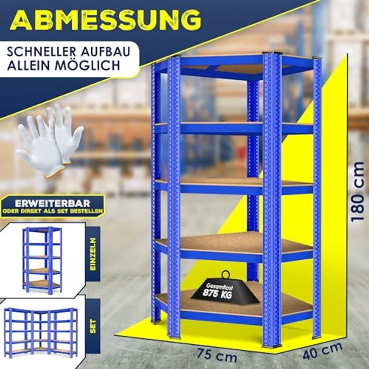 MASKO Eckregal Lagerregal Schwerlastregal, Kellerregal, 180x75x40cm , bis 875 kg, 5 verstellbare Ablagen, MDF-Platten Regal aus Metall, Steckregal, Werkstattregal, Keller, Garage Blau – Bild 3