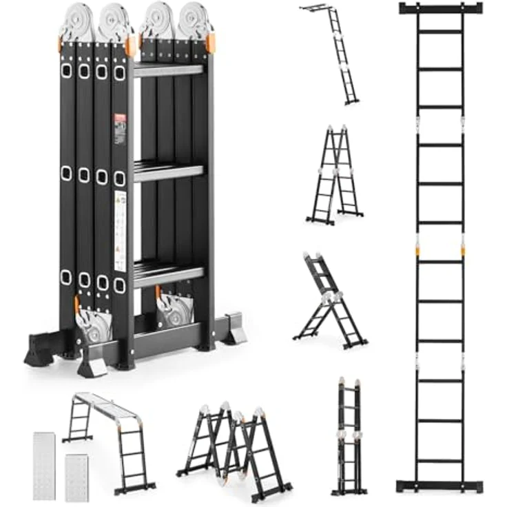 VEVOR 7-in-1 Mehrzweckleiter, A-Rahmen mit 3 Stufen und Gerüstbrett, Teleskopleiter 3550 mm, 150 kg Tragkraft, für den Außenbereich – Bild 1