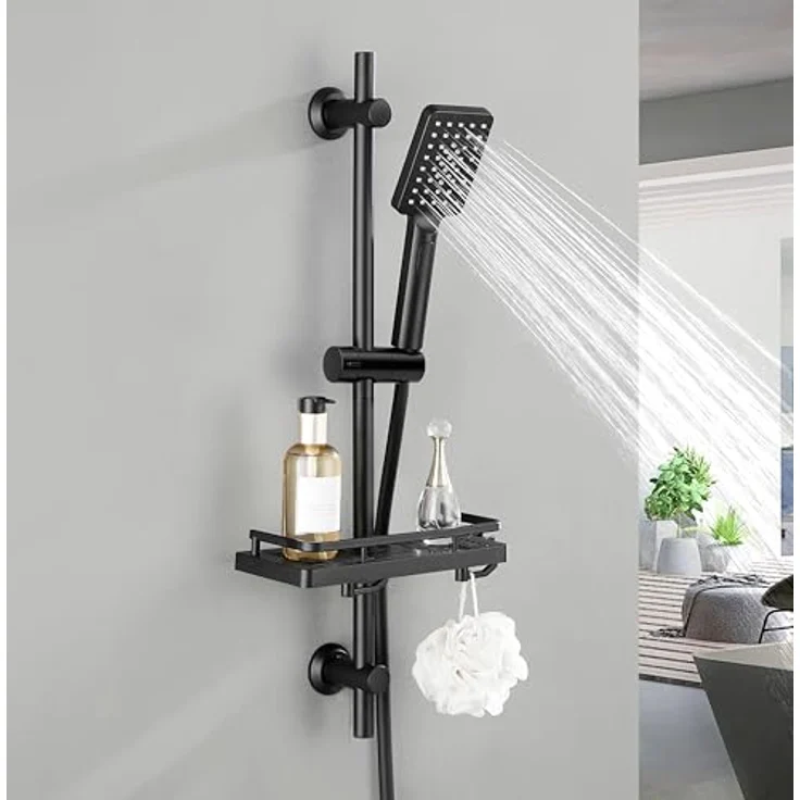 Görbach Duschstange mit Handbrause, 70 cm Edelstahl, Schwarz, 3 Strahlarten, höhenverstellbar – Bild 2