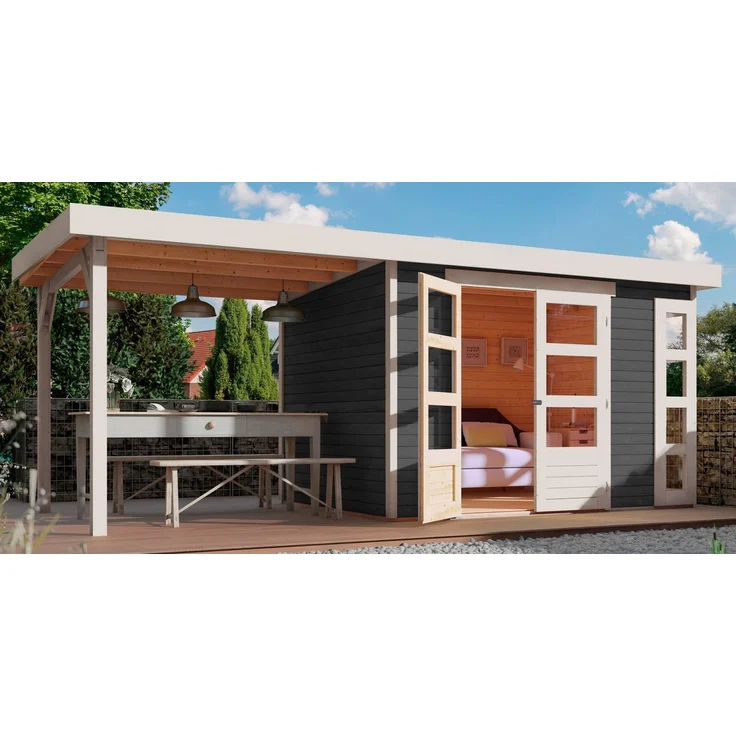 Karibu Gartenhaus Kerko 4, BxT: 609x238 cm, (Set) terragrau-naturbelassen, 19 mm Wandstärke, 8 feststehende Fenster und Doppelflügeltür