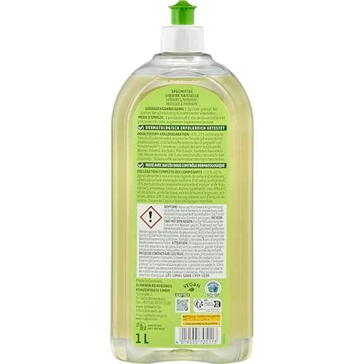 Almawin Spülmittel - Sanddorn Mandarine 1L, hochkonzentriertes Geschirrspülmittel mit fruchtigem Duft und hautmilden Weizenproteinen – Bild 3