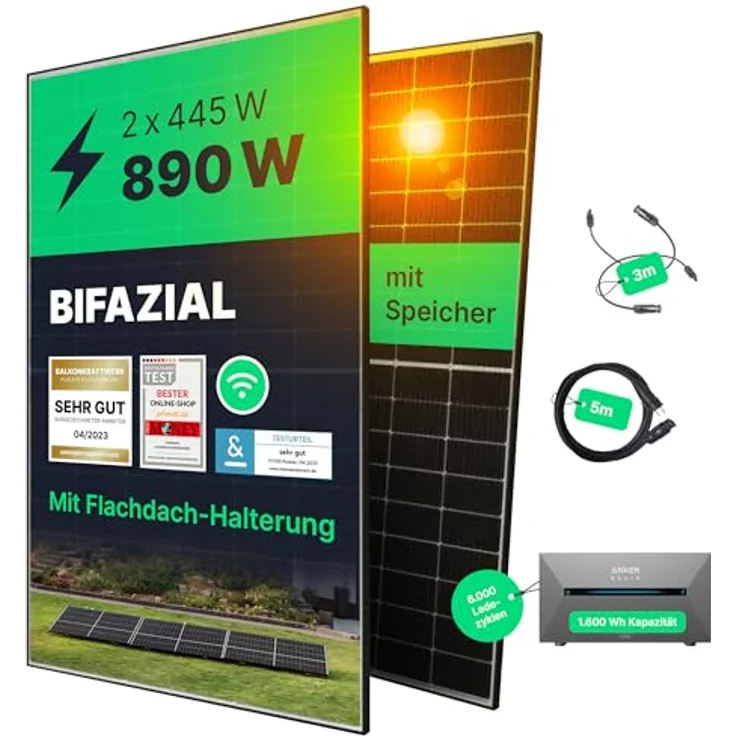 priwatt® Balkonkraftwerk Duo [890 Wp] ohne Halterung zur flexiblen Befestigung - Solaranlage Komplettset (2 bifaziale Solarmodule, TSUN Wechselrichter & Kabel-Zubehör) – Bild 1